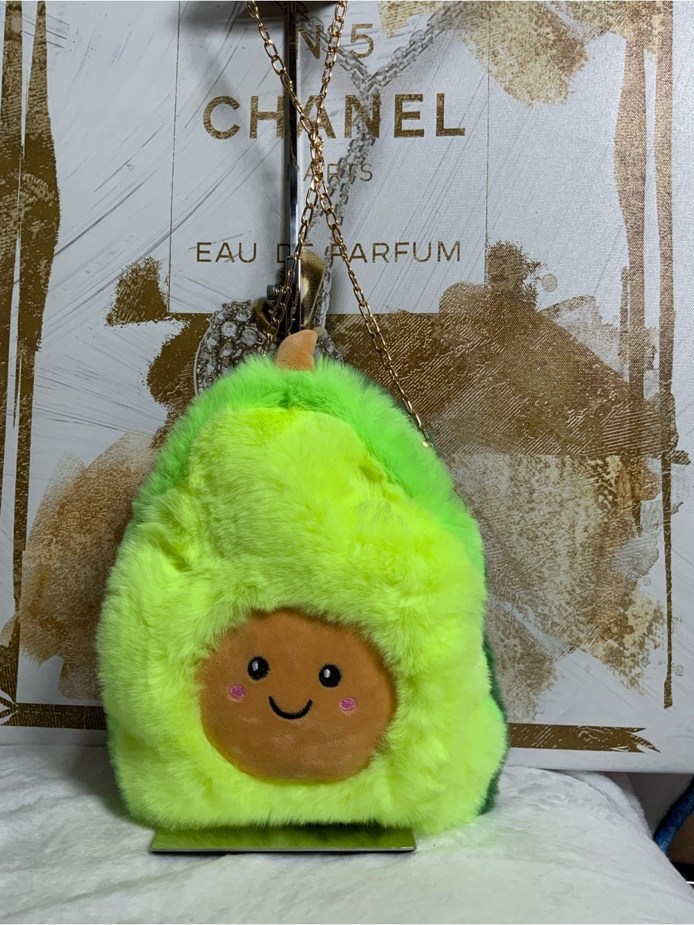 Plush Avocado Bag with Smiling Seed Face - Bright Lime